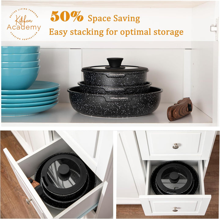Kitchen Academy Pfannenset Abnehmbarer Griff - 10 Teilig Induktion Töpfe Set für alle Herdarten, Pfa