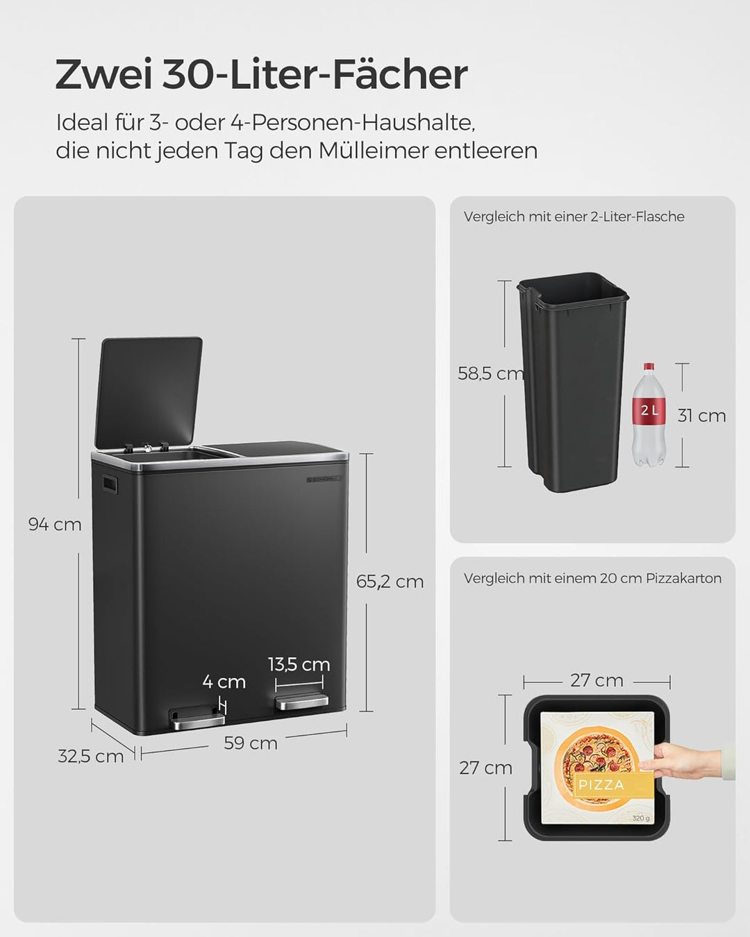 SONGMICS Mülleimer für die Küche, 2 x 30 L, Abfalleimer mit 2 Fächern, Mülltrennung, schwarz