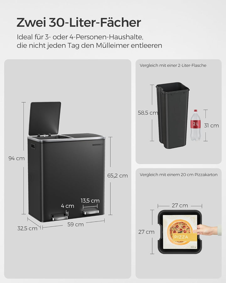 SONGMICS Mülleimer für die Küche, 2 x 30 L, Abfalleimer mit 2 Fächern, Mülltrennung, schwarz