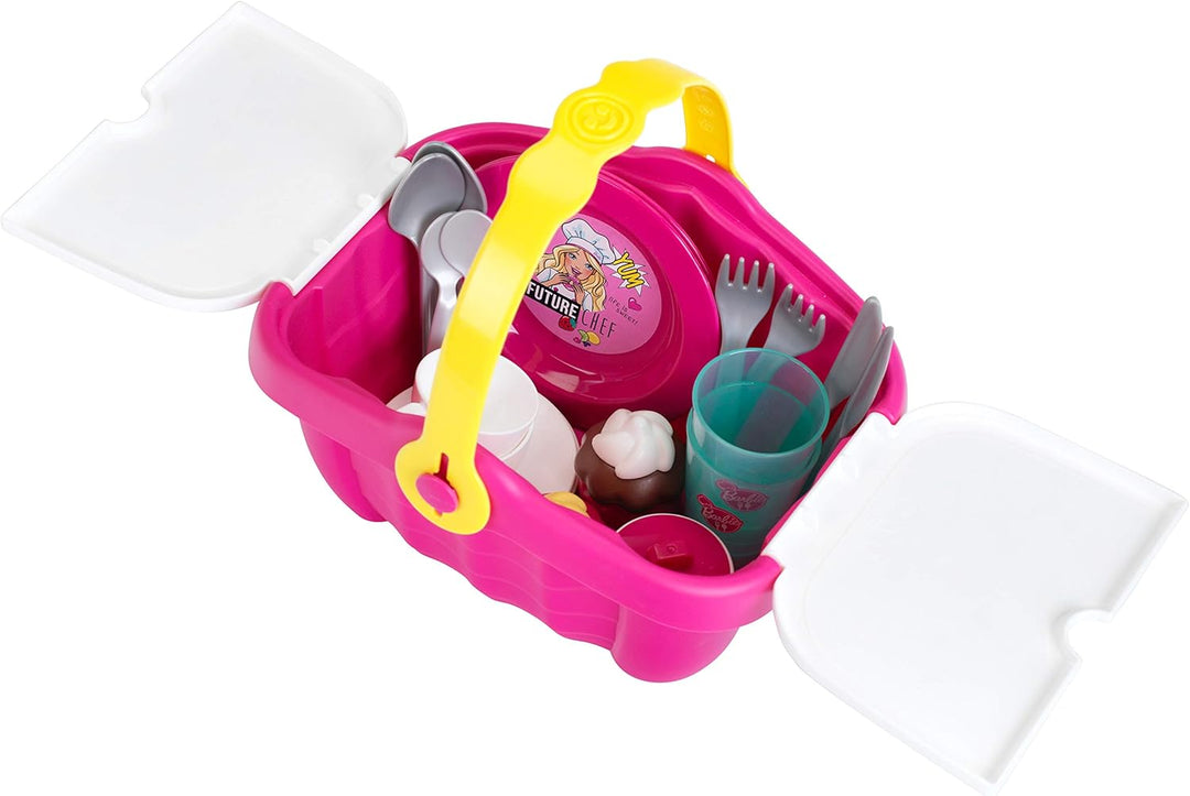 Theo Klein 9527 Barbie Picknickkorb I Robuster Spielzeug-Korb voll Buntem Geschirr und Cupcakes für