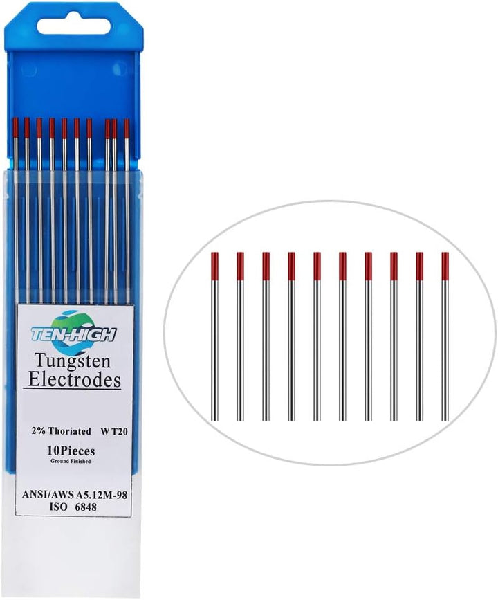 TEN-HIGH TIG Tungsten Electrodes, Thorium 2%, WT20(Red) Thorium Tungsten Electrode, 2.4mm x175mm 10p