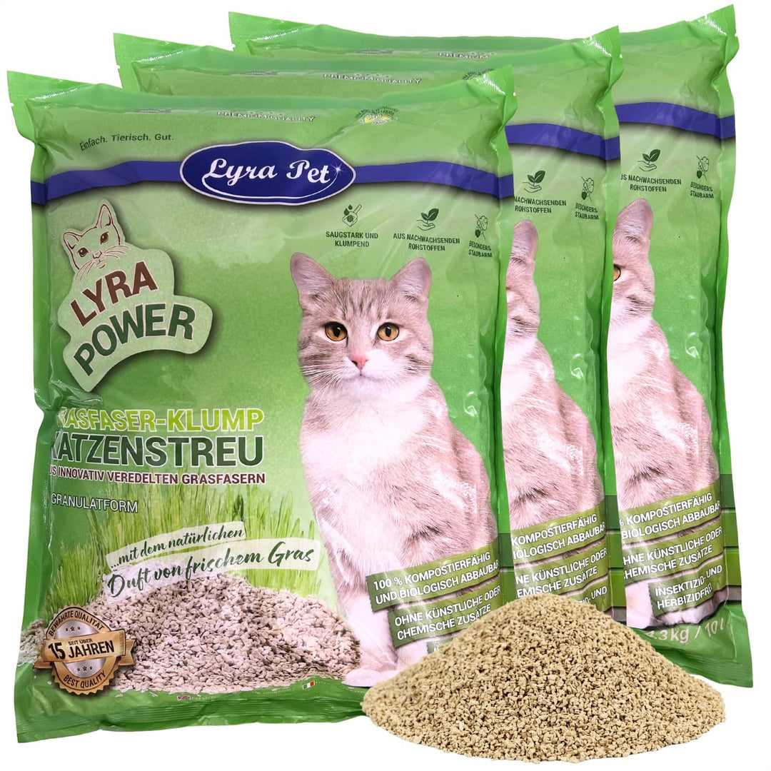 Lyra Pet® | 3 x 10 Liter Lyra Power Grasfaser Klump Katzenstreu | Natürliche, biologisch abbaubare K