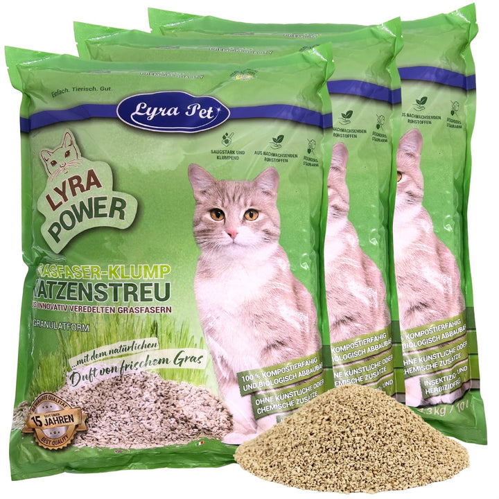 Lyra Pet® | 3 x 10 Liter Lyra Power Grasfaser Klump Katzenstreu | Natürliche, biologisch abbaubare K
