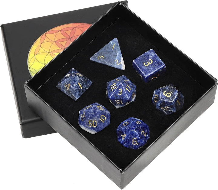 KYEYGWO Sodalith Kristall Polyedrische Würfel Set, 7pcs Reiki Heilung Stein Polyedrischer Spielwürfe