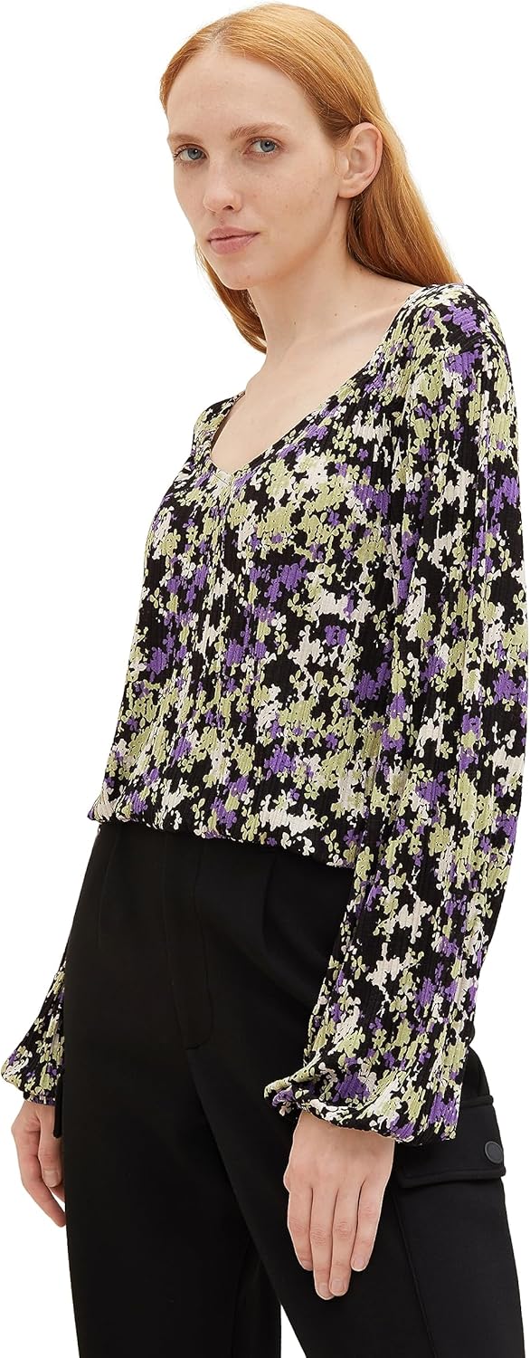 TOM TAILOR Denim Damen Denim T-Shirt Bluse mit Muster XS 32418 - Lilac Green Flower Print, XS 32418