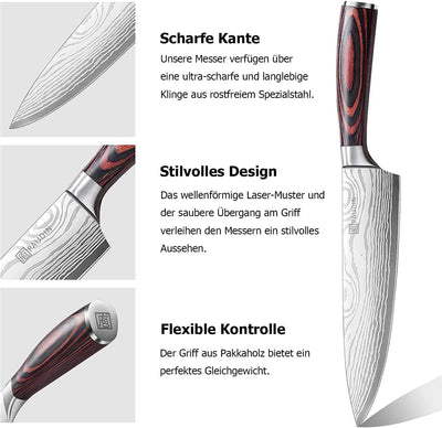 PAUDIN Küchenmesser Set, 3-tlg Messerset aus hochwertigem Carbon Edelstahl, Ultra Scharfes Messer se