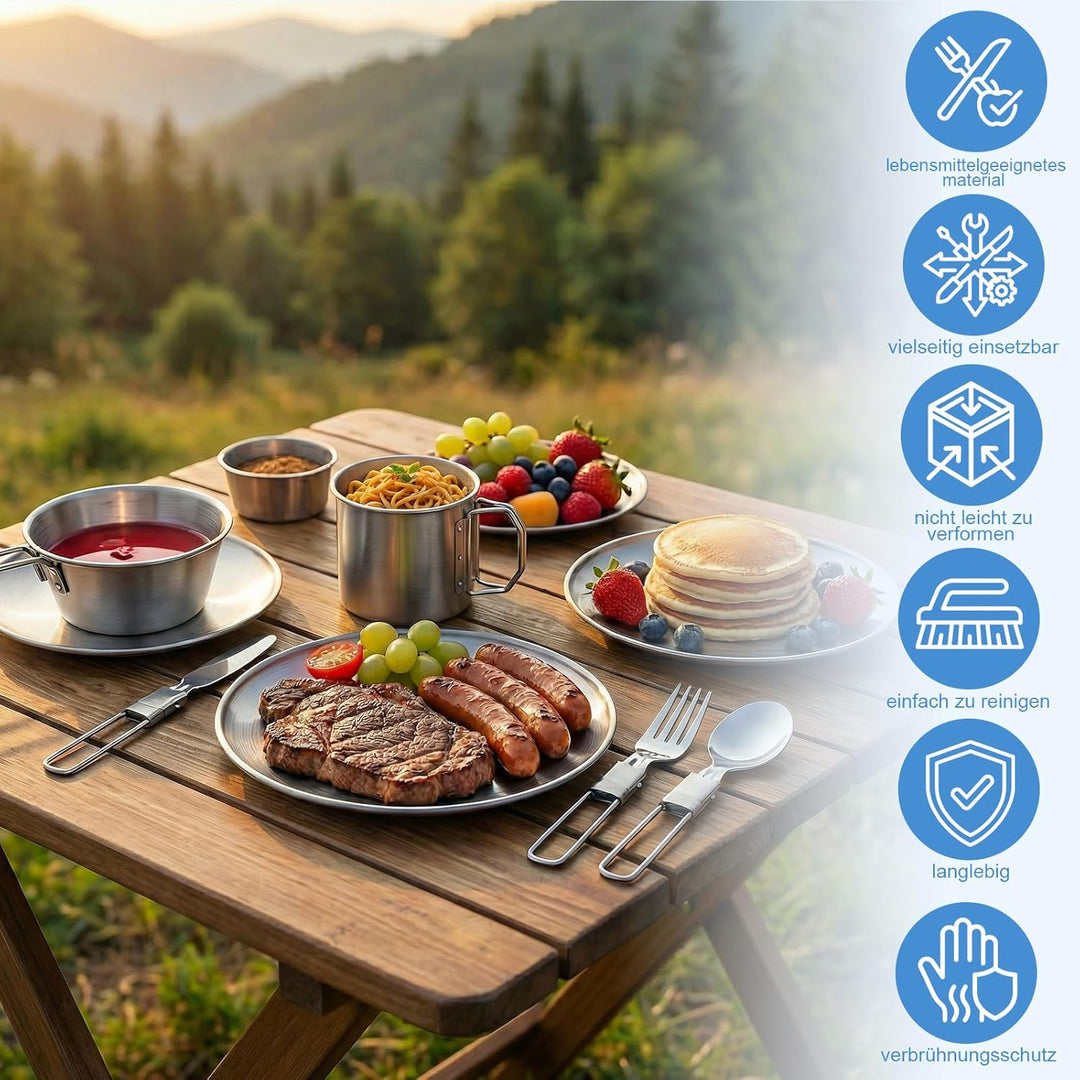 Campingbesteck Set für 2 Personen - Camping Geschirr Set mit Edelstahl Faltbares Klappbesteck & Etui