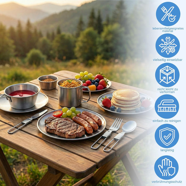 Campingbesteck Set für 2 Personen - Camping Geschirr Set mit Edelstahl Faltbares Klappbesteck & Etui