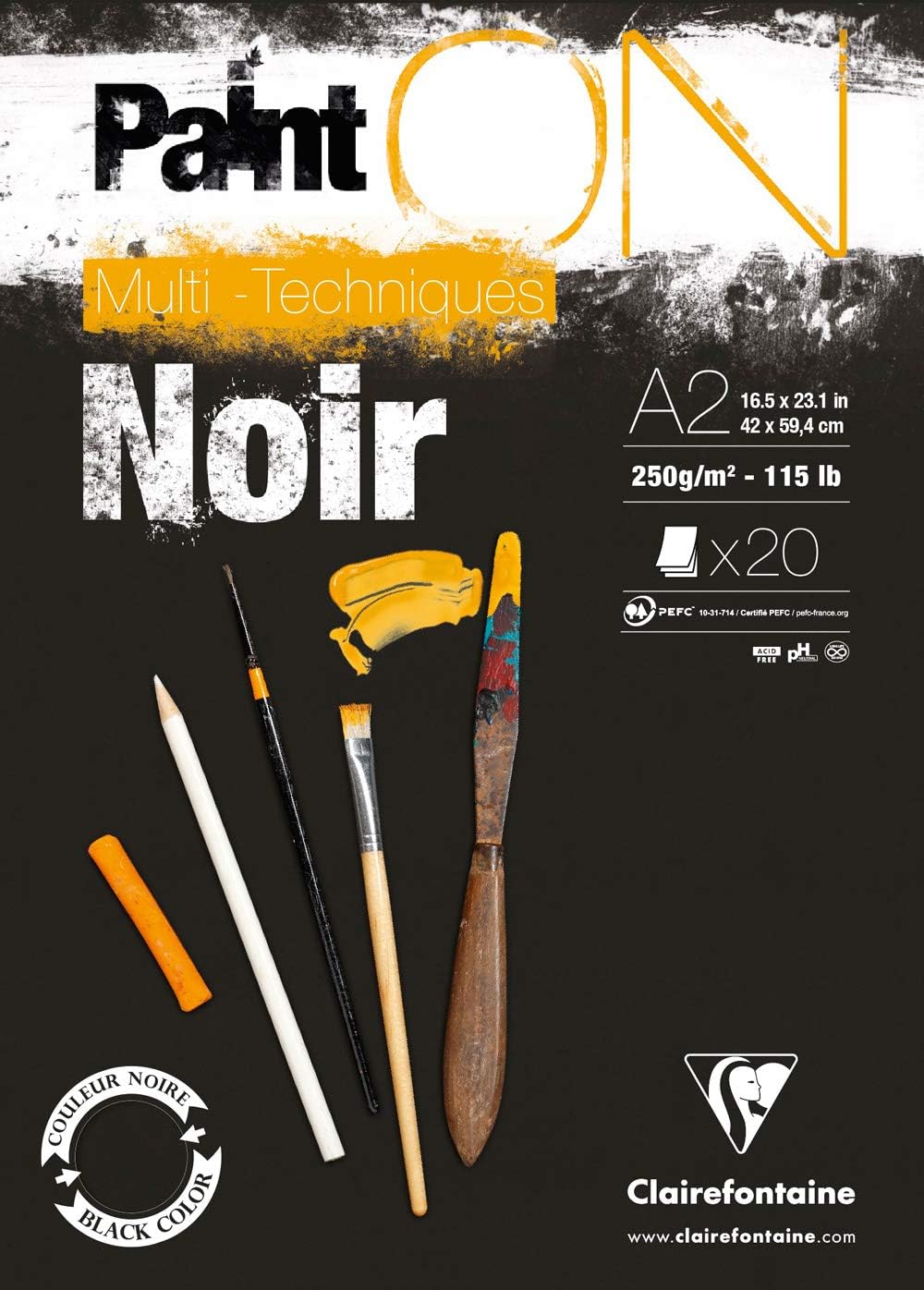 Clairefontaine 975171C Block Paint'On (20 Blatt, kopfseitig geleimt, 250g, DIN A2) 1 Stück schwarz S