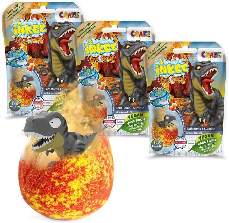 INKEE SURPRISE DINO | 3er Bundle Kinder Badebomben mit Dinosaurier Figuren, 3x Ei-Form Badebomben mi