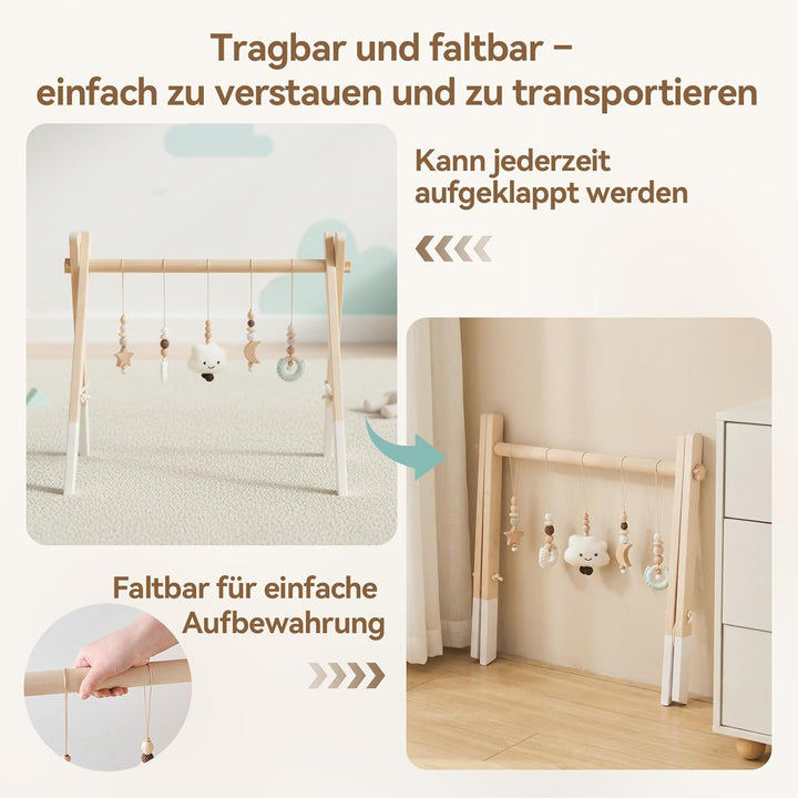 Spielbogen Baby Holz- Montessori Spielbogen mit 5 abnehmbaren Sensorischen Spielzeugen, Faltbar Baby