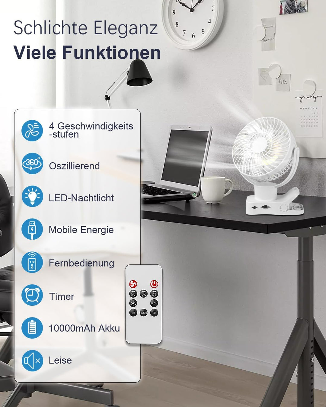 360° Oszillierend Clip Ventilator mit Fernbedienung - 10000mAh Akku USB Tischventilator Tragbarer -