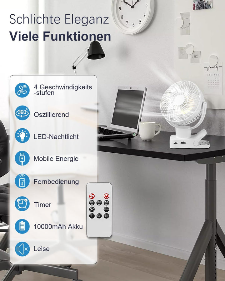 360° Oszillierend Clip Ventilator mit Fernbedienung - 10000mAh Akku USB Tischventilator Tragbarer -