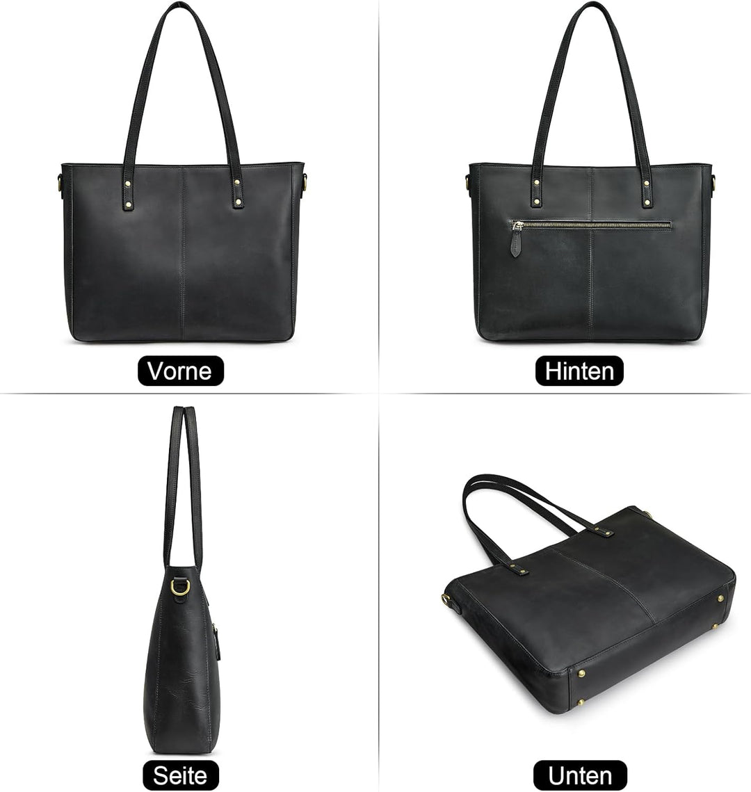 S-ZONE Damen Umhängetasche Echtleder Schultertasche Grosse Handtasche Arbeitstasche Schwarz-l, Schwa