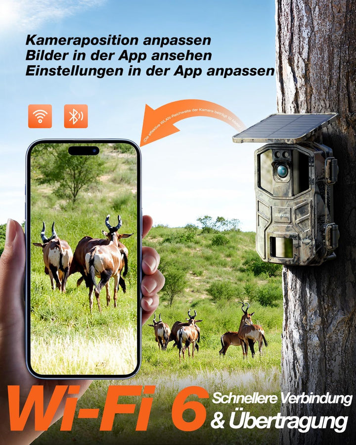iZEEKER Solar Wildkamera 4K 64MP mit Handyübertragung App, WLAN & Bluetooth Wildtierkamera mit Beweg
