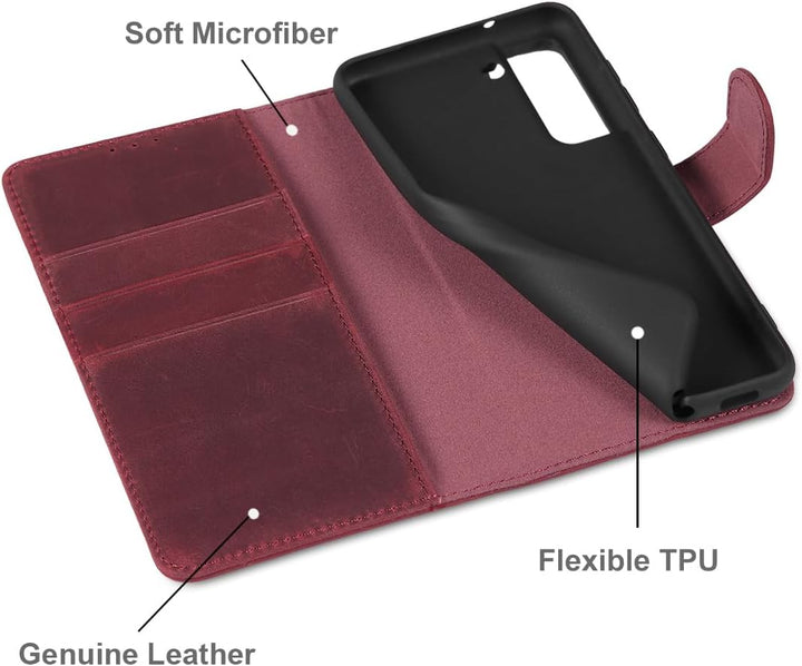 LENSUN Echtleder Hülle für Samsung Galaxy S21 FE, Handyhülle [Premium Echtes Leder][Kartenfach][RFID