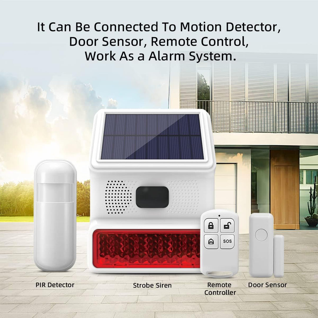 Solar-Sirene für den Aussenbereich, mit LED-Blinklicht, 110 dB, kompatibel mit Alarmanlage für Haus,