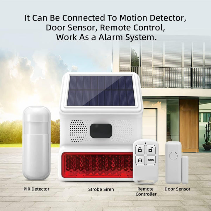 Solar-Sirene für den Aussenbereich, mit LED-Blinklicht, 110 dB, kompatibel mit Alarmanlage für Haus,