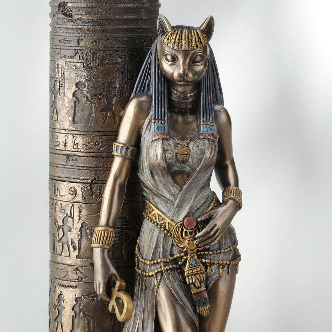 Zeckos gyptische göttin bastet auf s?ule lehnend statue Bronze 10 3/4 Inches Tall