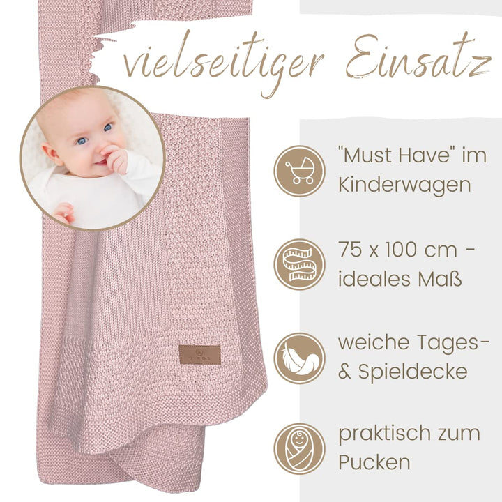 DIKOS® Babydecke GOTS *100%* Bio Baumwolle Altrosa | Neugeborenen Baby Decke | Strickdecke mit Bordü