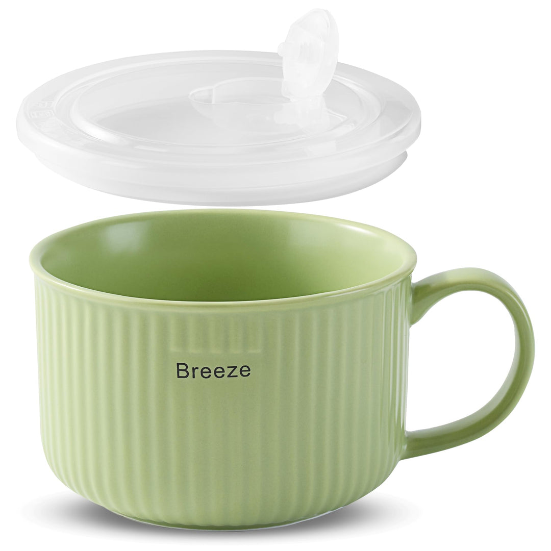 Keramik Suppenschalen mit Griff und Deckel, 750 ml Grosse Suppentasse für Suppe, Instant-Nudel, Müsl