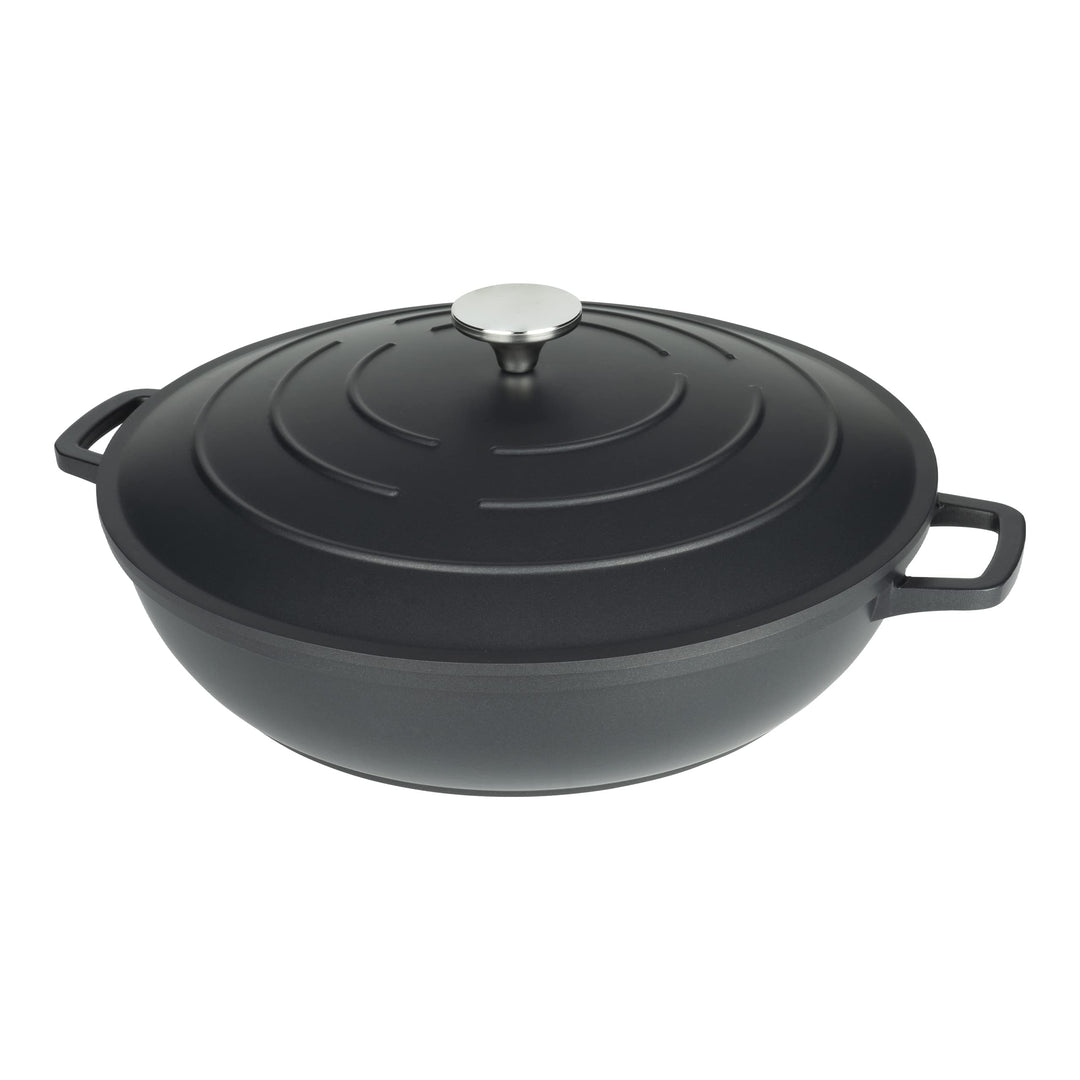 Commichef Flache Kasserolle, Auflaufform, Schwarz, Aluminiumguss, Mit Deckel, 32cm Durchmesser, 6 Li