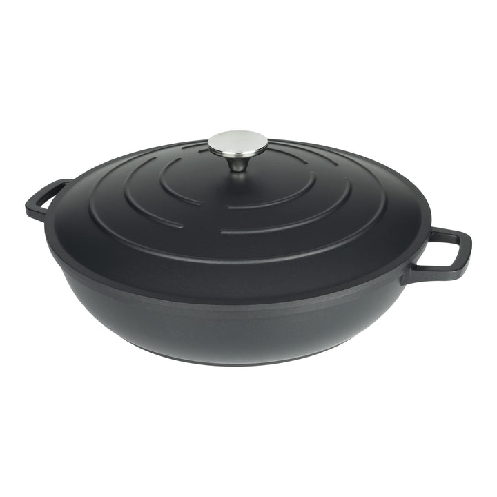 Commichef Flache Kasserolle, Auflaufform, Schwarz, Aluminiumguss, Mit Deckel, 32cm Durchmesser, 6 Li