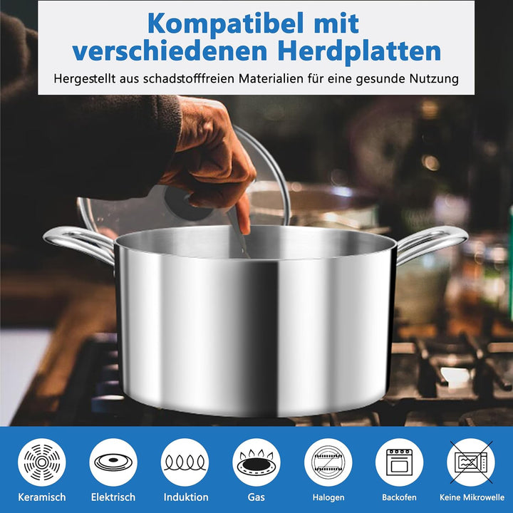 TEAMFAR Kochtopf Gross 24cm, 3-Lagen Edeastahl 5,7L Topf mit Glasdeckel für alle Herdarten, Suppento