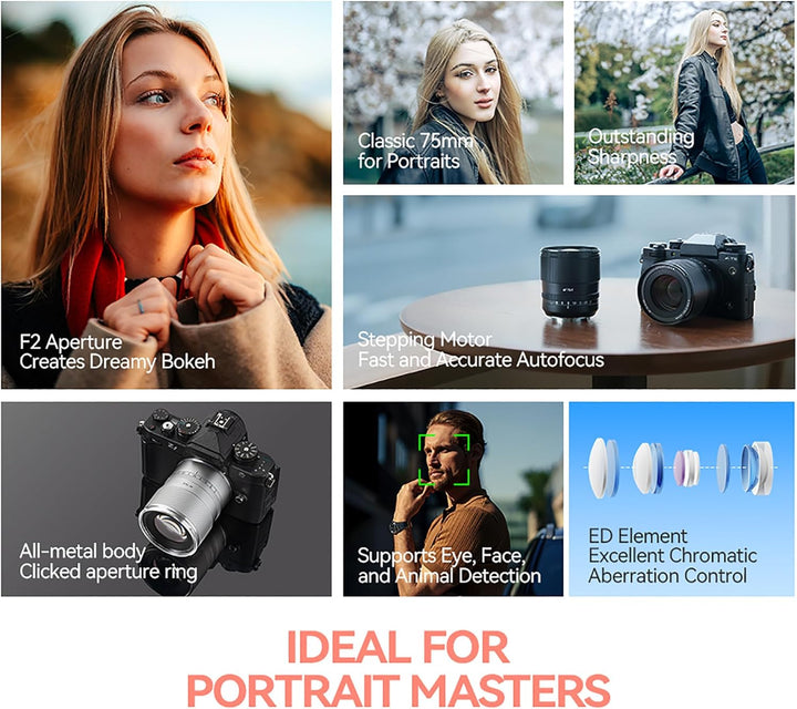 TTARTISAN AF 75 mm F2 Silbernes Kameraobjektiv, Autofokus, Vollformat-Porträtobjektiv (für Sony E),