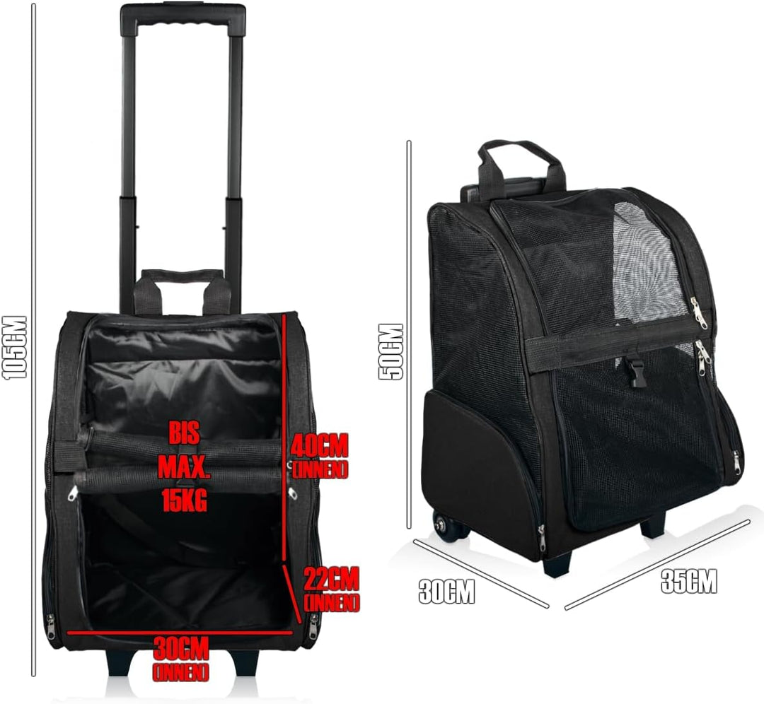 2IN1 Transporttasche mit Rollen bis 15kg Rucksack Trolley Hund Katze Hunderucksack Tasche (Schwarz),
