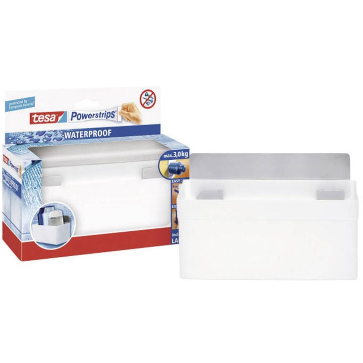 tesa Powerstrips Duschregal wasserfest/Selbstklebender Halter aus rostfreiem Edelstahl und Kunststof