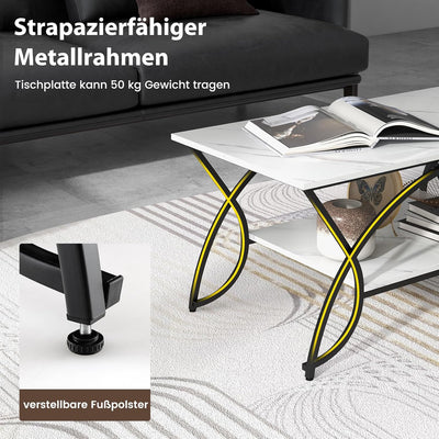 COSTWAY Couchtisch Marmor Optik, Kaffeetisch mit Ablage und Metallgestell, Wohnzimmertisch, Beistell