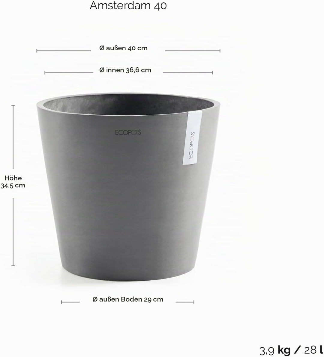 ECOPOTS Blumentopf Amsterdam Hell Grau - Durchmesser Ø 40 cm rund gross - Pflanzentopf aus Recycling