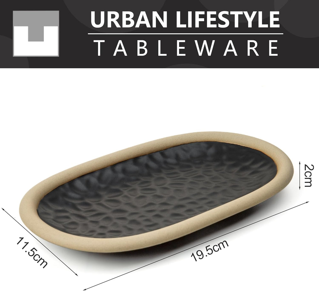 Urban Lifestyle Ovale Dessertteller Set 4er Schwarz 19,5 x 11,5 cm, Rustikale Keramik Tapasteller au