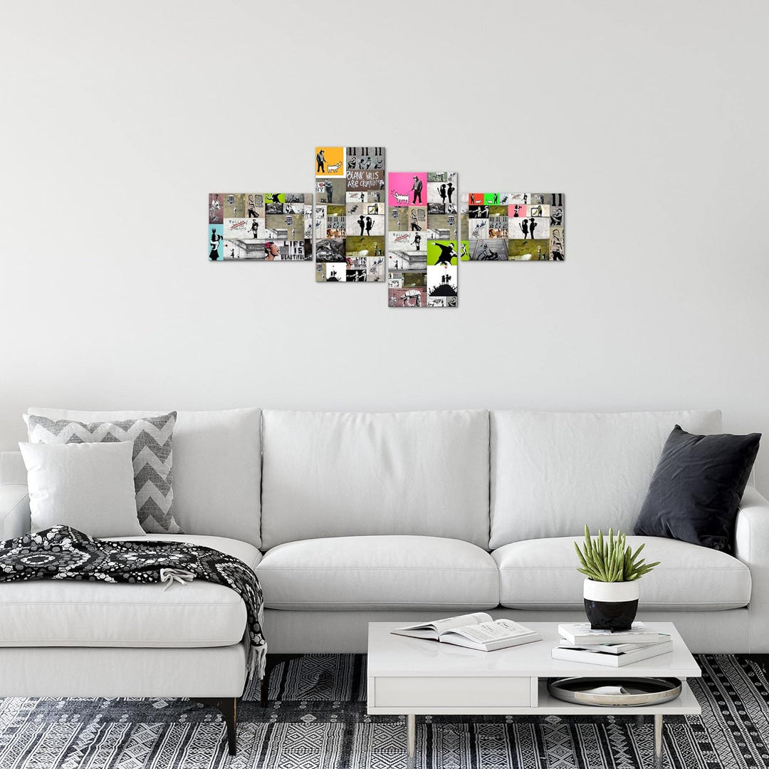 Runa Art Bild Modern Collage Banksy - Made in Germany - Wandbilder Street Art Bunt 4 Teilig 302742a