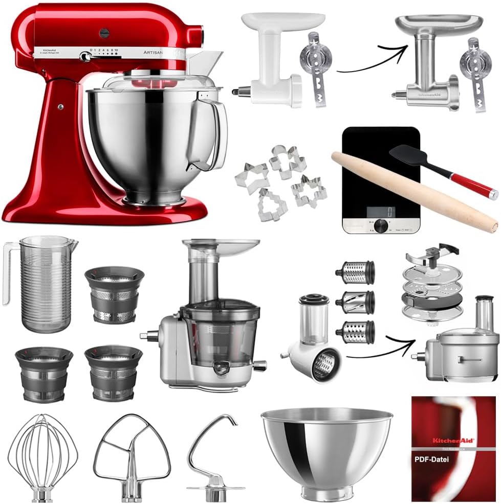 KitchenAid Artisan Küchenmaschine, 4,8 Liter, inkl. Zubehör, 15-teilig, Entsafter-Vorsatz, Liebesapf