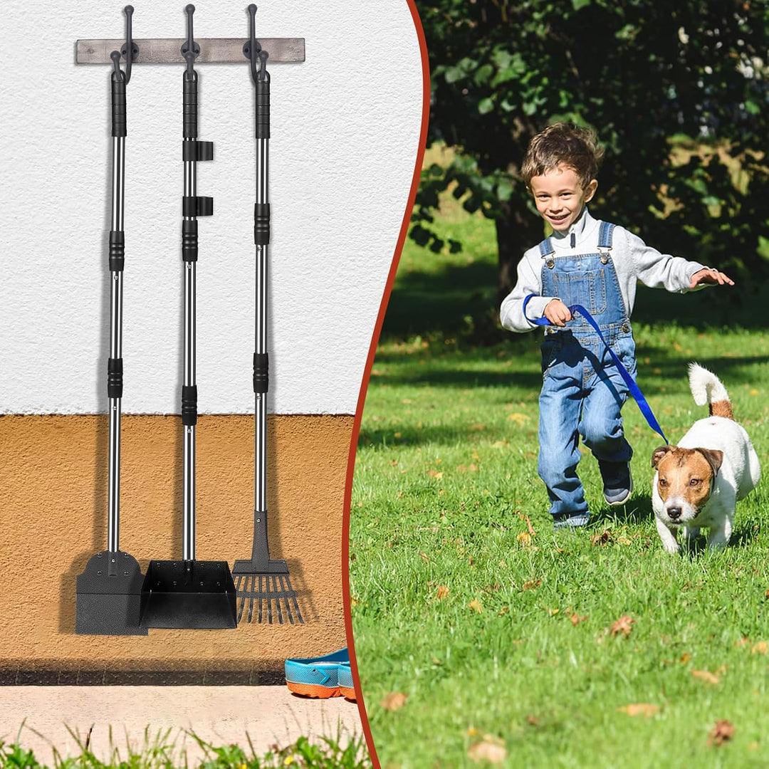 Hundekotschaufel Set mit 96cm langem Griff – Abnehmbares Metalltablett, Rechen & Spaten für grosse,