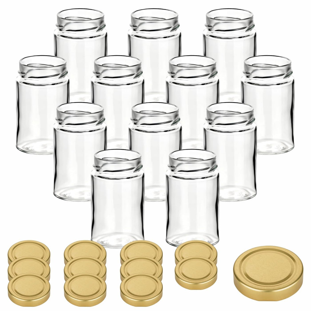 gouveo 12er Set Einmachgläser 212 ml Klassik mit Schraubdeckel goldfarben - Kleine Vorratsgläser mit