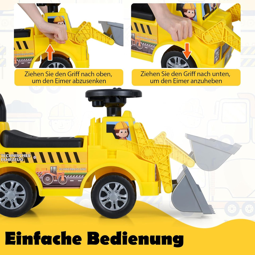 DREAMADE Bagger zum draufsitzen, Kinderbagger mit Verstellbarer Schaufel, abnehmbarem Anhänger, Lenk