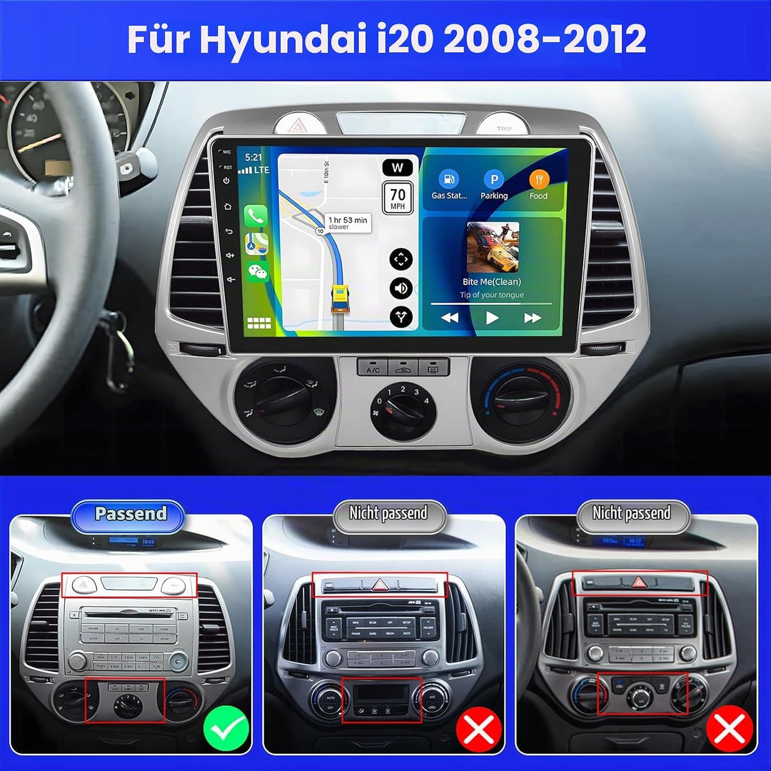 Radio für Hyundai i20 2008-2012 Android 15 2+64G mit Wireless CarPlay Android Auto, 9 Zoll Bildschir