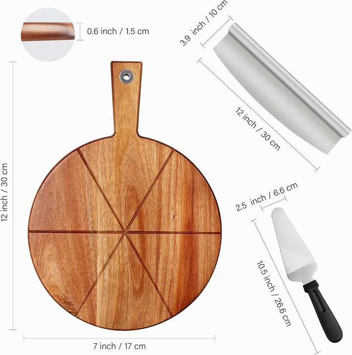 Pizzabrett Akazienholz, TJ POP 30 x30 cm Pizzateller Pizzaschneidebrett mit Pizzaschneider und Pizza