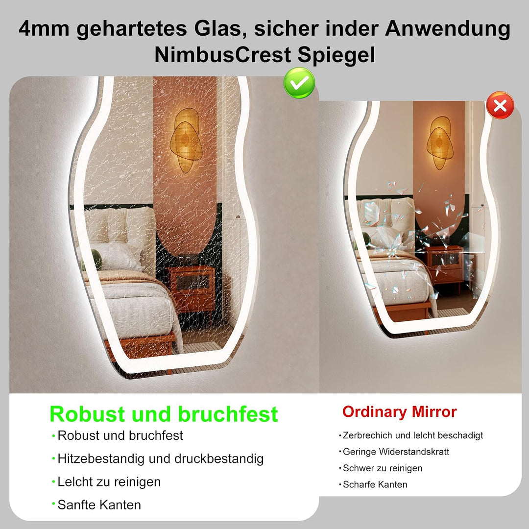 Badspiegel mit Beleuchtung 50x70cm,LED Asymmetrischer schminkspiegel | 3 Lichtfarben,Einstellbare He