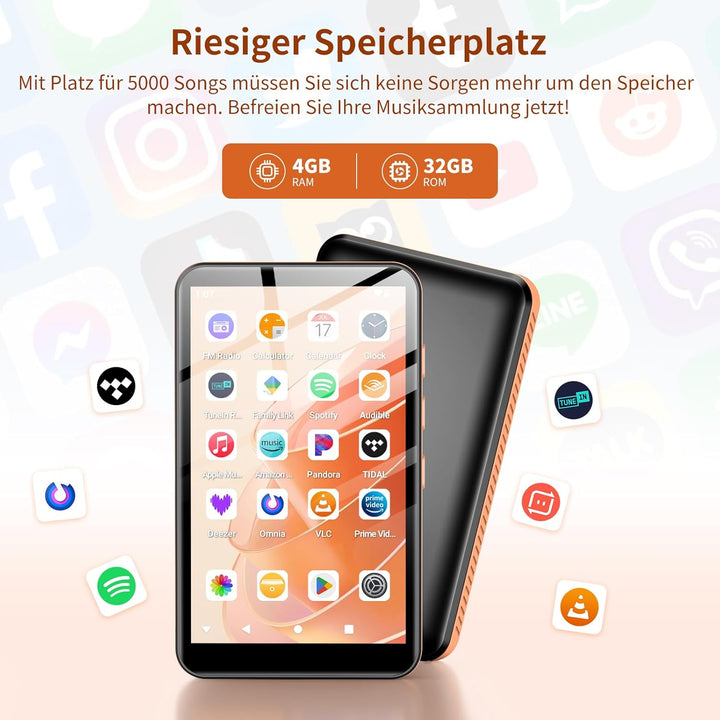 MP3 Player mit Bluetooth und WiFi, Android 13 MP3 MP4 Player mit 4“ Touchscreen und Lautsprecher, 4G