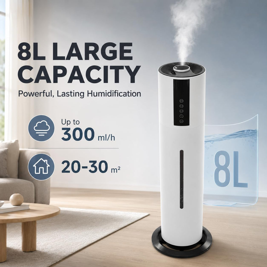 Luftbefeuchter 8L mit Fernbedienung, Raumluftbefeuchter mit 3 Nebelstufen, 360° verstellbar, 12h Tim