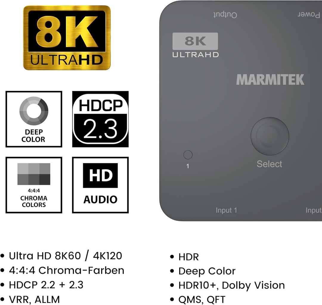 HDMI 2.1 Switch - Marmitek AS28 - 8K HDMI switch - 4K 120Hz - HDR - 2 ein / 1 aus - HDMI Switch 4K 1