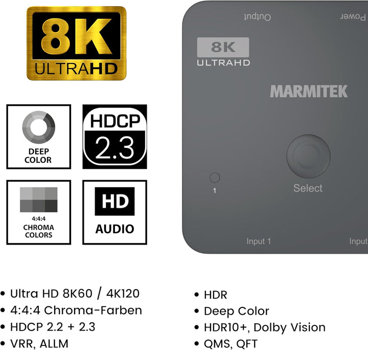 HDMI 2.1 Switch - Marmitek AS28 - 8K HDMI switch - 4K 120Hz - HDR - 2 ein / 1 aus - HDMI Switch 4K 1
