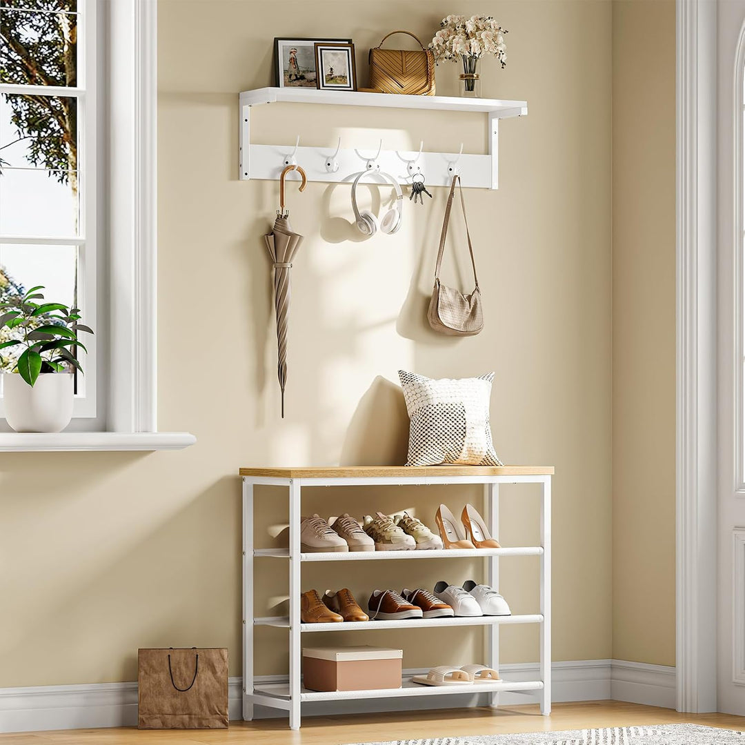 HOOBRO Wandgarderobe, Wandregal mit 7 Haken und Ablage, Hängeregal mit Garderobenleisten, Wandmontag