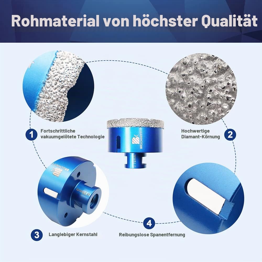 Diamant Fliesenbohrer 75mm - M14 Diamantbohrer Lochsäge für Fliesen Porzellan Keramik Marmor Granit