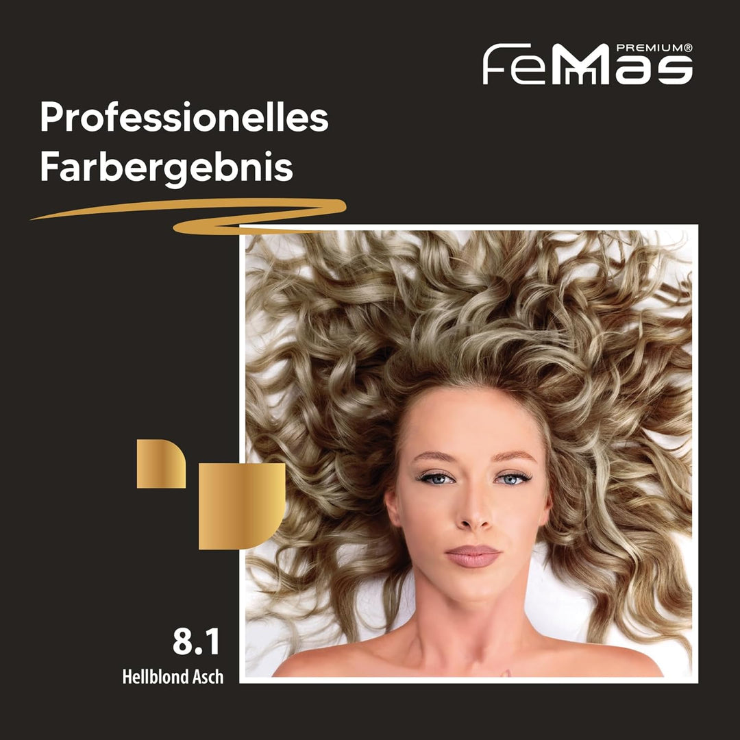 FemMas Haarfarbe 3x Hellblond Asch 8.1 I Professionelle Creme Haarfarbe mit Arganöl, Keratin & Ceram