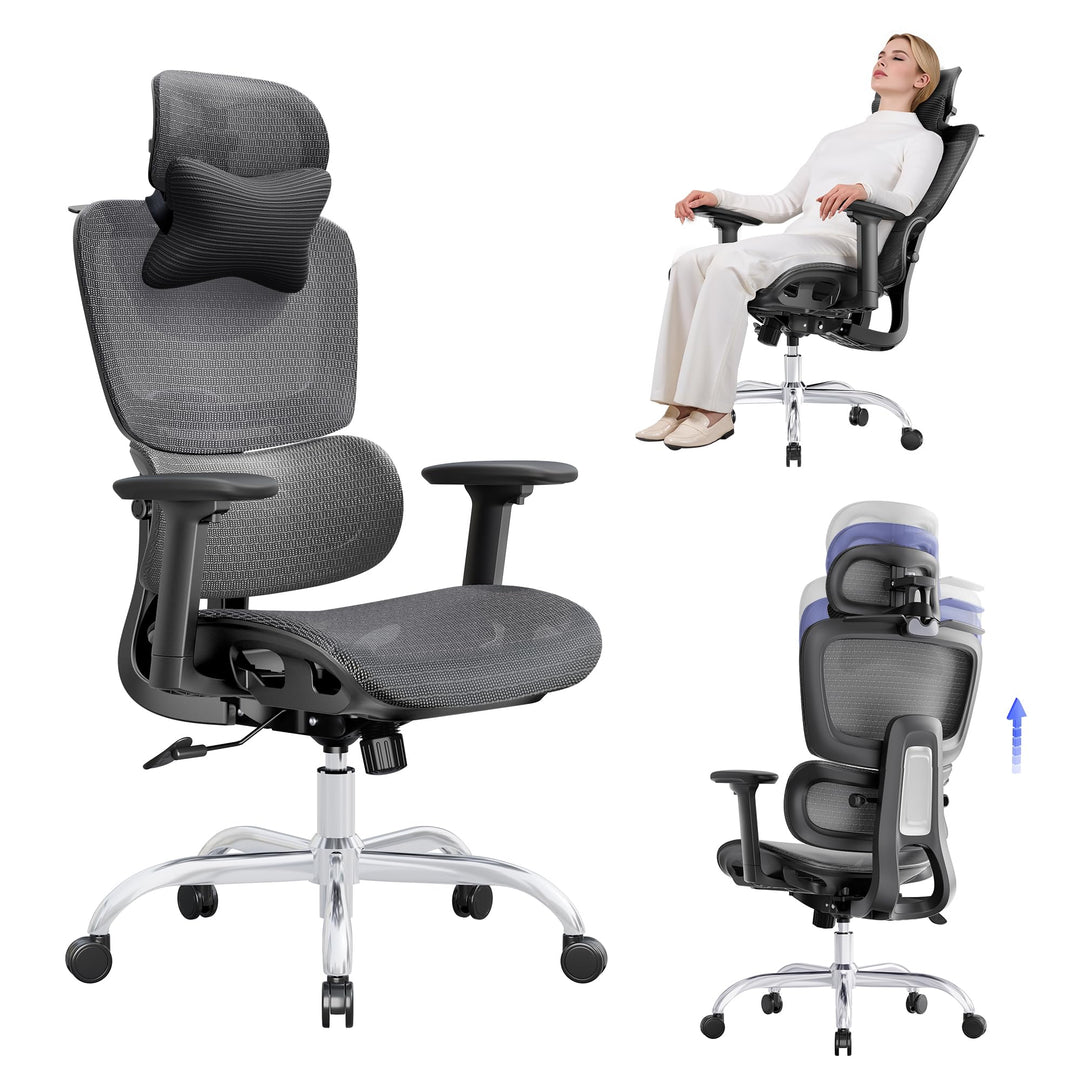 Ergonomischer Bürostuhl Schreibtischstuhl, Netzstoff Drehstuhl mit 2D-Lendenwirbelstütze & 3D-Kopfst
